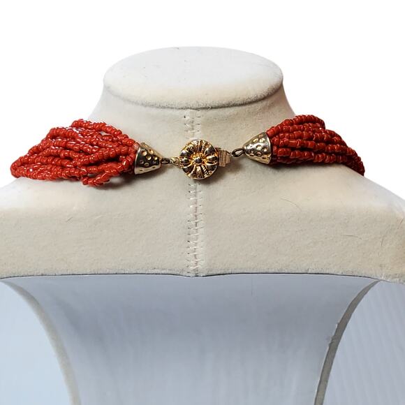 Vtg Multi Strand Coral Color Seed Bead Necklace 18" Statement MCM - Picture 3 of 4